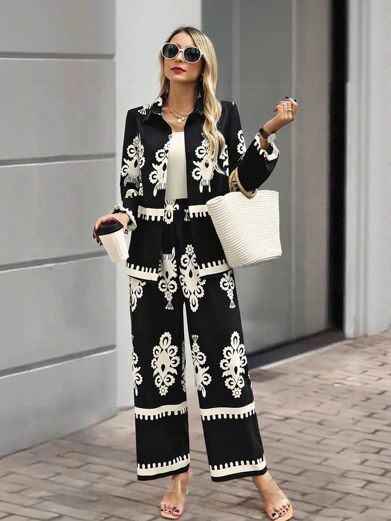 OUTZIDR  Black Placement Print Shirt Trouser Coord Set for Women | Best Price UAE